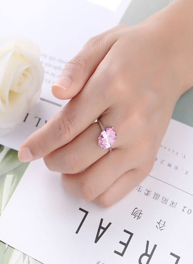 LRGKMCWTOB 925 Sterling Silver Shiny Full Diamond Handmade Ring Oval Pink Cubic Zirconia Anniversary Promise Cocktail Rings CZ Diamond Multi Row Ring Eternity Engagement Wedding Band Ring (Size 7) - Image 5